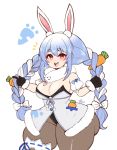  1girl absurdres animal_ears artist_name braid breasts bunny_ears carrot cleavage clenched_hand commission don-chan_(usada_pekora) food_themed_hair_ornament hair_ornament highres hololive jojobee large_breasts light_blush looking_at_viewer open_mouth orange_eyes pointing short_stack solo thick_thighs thighs twin_braids usada_pekora virtual_youtuber wide_hips 