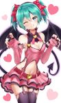  1girl ;d absurdres aqua_eyes aqua_hair bare_shoulders belt black_legwear breasts claw_pose cleavage collarbone commentary cowboy_shot demon_tail demon_wings elbow_gloves fingerless_gloves gloves hatsune_miku heart heart_background heart_hunter_(module) heart_in_eye highres itogari layered_skirt looking_at_viewer midriff navel one_eye_closed open_mouth pink_gloves pink_shirt pink_skirt project_diva_(series) red_nails shirt short_hair skirt small_breasts smile solo suspenders symbol_in_eye tail thighhighs tongue tongue_out vocaloid white_background wings zettai_ryouiki 