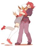  1boy 1girl blush brown_hair closed_mouth commentary_request hat hug jacket long_sleeves lyra_(pokemon) overalls pants pokemon pokemon_(game) pokemon_hgss red_eyes red_footwear red_hair sanada_haiji shoes silver_(pokemon) standing thighhighs white_headwear white_legwear 