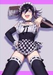  1boy alternate_costume apron bangs black_choker black_hair black_legwear black_ribbon black_sleeves blush broom bulge checkered checkered_apron choker collarbone commentary_request crossdressing danganronpa detached_sleeves enmaided fang from_below hair_between_eyes hand_on_hip highres holding holding_broom looking_at_viewer maid maid_headdress male_focus male_underwear nanin new_danganronpa_v3 open_mouth otoko_no_ko ouma_kokichi pink_eyes pink_hair pink_nails ribbon ribbon-trimmed_legwear ribbon_trim smile solo thighhighs underwear waist_apron wrist_cuffs 