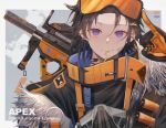  1boy apex_legends black_hair closed_mouth earrings eyewear_on_head foreverechoyu gloves hair_ornament hairclip highres holostars jewelry kanade_izuru lightning_bolt lightning_bolt_hair_ornament looking_at_viewer male_focus mouth_hold purple_eyes smile solo virtual_youtuber weapon weapon_on_back 