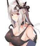  1girl arknights bangs bare_shoulders breasts cleavage commentary eyebrows_visible_through_hair horns large_breasts long_hair looking_at_viewer mudrock_(arknights) oripathy_lesion_(arknights) red_eyes silver_hair simple_background sirius_enjoliao solo sports_bra upper_body white_background 
