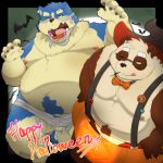  2020 96panda 96panda_hk absurd_res anthro balls belly canid canine canis clothing costume domestic_dog duo genitals giant_panda halloween halloween_costume hi_res holidays kemono male mammal moobs nipples one_eye_closed overweight overweight_male text ursid wink 