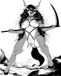  anthro anus aoino_broome big_breasts breasts canid canine collar curvy_figure demon detailed_background female fur genitals hair hi_res hooves horn long_hair looking_at_viewer mammal mature_female melee_weapon monochrome mostly_nude multicolored_body multicolored_fur muscular muscular_anthro muscular_female outside pentagram polearm pussy scythe sharp_teeth solo teeth tongue tongue_out two_tone_body two_tone_fur voluptuous weapon wide_hips womb_tattoo 