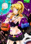  1girl ayase_eli bat blonde_hair blue_eyes blurry blush breasts candy candy_cane cleavage depth_of_field detached_collar food full_moon garter_straps groin halloween halloween_basket long_hair love_live! love_live!_school_idol_project medium_breasts moon navel one_eye_closed outstretched_hand pink_scrunchie ponytail purple_sky scrunchie shogo_(4274732) short_shorts shorts smile solo thighs 