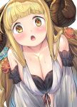  1girl :o anila_(granblue_fantasy) blonde_hair blush breast_squeeze breasts cleavage collarbone commentary_request detached_sleeves draph eyebrows_visible_through_hair flower granblue_fantasy hair_flower hair_ornament horns large_breasts looking_at_viewer sakimori_dan sheep_horns solo thick_eyebrows yellow_eyes 