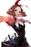  1girl blazpu bow breasts brown_eyes brown_hair english_commentary hair_bow highres looking_to_the_side okumura_haru persona persona_5 persona_5:_dancing_star_night red_bow short_hair small_breasts smile solo t-pose white_background 