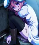  1girl :d bangs beret between_legs black_legwear blood blood_on_face blood_on_leg bloody_weapon blue_eyes boots brown_footwear brown_hair dress eyebrows_visible_through_hair from_side hair_between_eyes hand_between_legs hat highres higurashi_no_naku_koro_ni okiguro open_mouth red_ribbon ribbon ryuuguu_rena shiny shiny_clothes shiny_hair shiny_legwear shiny_skin short_hair short_sleeves side_slit sitting smile solo stairs thighhighs weapon white_dress white_headwear 