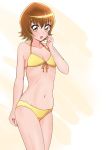  1girl :d bangs bikini breasts brown_hair cleavage collarbone cowboy_shot eyebrows_visible_through_hair front-tie_bikini front-tie_top groin hair_between_eyes heartcatch_precure! highres looking_at_viewer myoudouin_itsuki navel open_mouth precure shiny shiny_hair shiny_skin short_hair simple_background small_breasts smile solo standing stick308 swimsuit white_background yellow_bikini yellow_eyes 