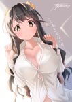  ayuman black_hair breasts brown_eyes cleavage collarbone commentary_request dress_shirt fang highres kantai_collection large_breasts long_hair multicolored_hair naganami_(kantai_collection) pink_hair shirt signature skin_fang translation_request two-tone_hair upper_body wavy_hair white_shirt 