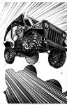  absurdres car cluseller commentary emphasis_lines greyscale ground_vehicle highres jeep monochrome motor_vehicle original tire traditional_media vehicle_focus 
