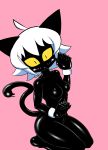  absurd_res actual_garbage_(artist) anthro black_body bottomless clothed clothing female goo_creature hair hi_res humanoid nenekoko_(crap-man) nude pink_background simple_background tagme white_hair yellow_sclera 