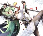  1girl aiguillette azur_lane black_gloves breasts cape cleavage cloak gloves green_cape green_hair hair_between_eyes half_gloves holding holding_sword holding_weapon italian_flag large_breasts littorio_(azur_lane) long_hair looking_at_viewer medal necktie pantyhose red_eyes red_neckwear satanfang solo sword weapon 