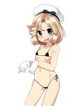  1girl bangs bikini black_bikini blonde_hair blue_eyes cowboy_shot gloves hat highres janus_(kantai_collection) kantai_collection looking_at_viewer micro_bikini nassukun parted_bangs sailor_hat shirt short_hair side-tie_bikini simple_background solo standing swimsuit underwear white_background white_gloves white_headwear 