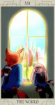  2016 anthro belt bottomwear buckteeth building canid canine card city clothing cup disney duo fox fur grey_body grey_fur holding_cup holding_object judy_hopps lagomorph leporid mammal necktie nick_wilde open_mouth open_smile orange_body orange_fur pants police_uniform rabbit red_fox shirt smile ss_zuki tarot_card teeth topwear uniform window zootopia 