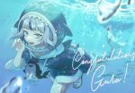  1girl animal_hood bloop_(gawr_gura) blue_eyes character_name congratulations english_commentary gawr_gura highres hololive hololive_english hood looking_at_viewer open_mouth ryuko_lee shark_hood sharp_teeth solo swimming teeth underwater virtual_youtuber white_hair 