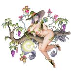  1girl :p absurdly_long_hair areolae ass bangs breasts circe_(last_origin) feet flower_bikini food fruit full_body grapes green_eyes hair_between_eyes highres huge_breasts last_origin long_hair looking_at_viewer official_art open_mouth plant potion silver_hair solo spiral_eyes straddling tachi-e taesi tongue tongue_out transparent_background tree_branch very_long_hair witch 