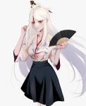  1girl black_eyes black_skirt fan genshin_impact hair_ornament hair_stick highres holding holding_fan hyafumi light_smile long_hair looking_at_viewer ningguang skirt solo white_hair 