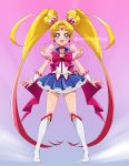  1girl abraham_perez absurdres artist_name bishoujo_senshi_sailor_moon blonde_hair english_commentary gradient_hair highres long_hair looking_at_viewer magical_girl multicolored_hair open_hands open_mouth parody precure red_hair sailor_moon smile solo style_parody twintails very_long_hair watermark 
