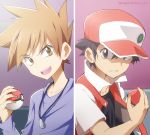  2boys badge baseball_cap black_hair black_shirt blue_oak brown_hair collarbone commentary_request hat holding holding_poke_ball indoors jacket jewelry kakiuchi_itsuki looking_to_the_side male_focus multiple_boys necklace open_mouth parted_lips poke_ball poke_ball_(basic) pokemon pokemon_(game) pokemon_rgby purple_shirt red_(pokemon) shirt short_sleeves smile spiked_hair split_screen teeth tongue 
