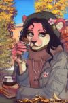  anthro autumn beanie beverage black_hair blue_eyes branch building candy chocolate clothed clothing coffee colored cup denim denim_clothing denim_jacket detailed detailed_background digital_drawing_(artwork) digital_media_(artwork) digital_painting_(artwork) eating felid feline female food hair hat headgear headwear holding_object hoodie house jacket jean_jacket lion long_hair lyla_no&#039;uka mammal multicolored_body nails natfan outside pantherine pink_body pink_skin pins shaded shirt sitting solo sweater topwear tree watermark wavy_hair 