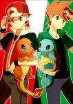  2boys bangs baseball_cap blue_oak brown_hair charmander closed_mouth commentary_request gen_1_pokemon green_shirt hat himari_g_(sr) holding holding_pokemon jacket jewelry looking_at_viewer male_focus multiple_boys necklace pants pokemon pokemon_(creature) pokemon_origins red_(pokemon) red_eyes shirt short_sleeves spiked_hair squirtle zipper_pull_tab 