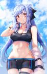  1girl :&lt; alternate_costume azur_lane bare_shoulders black_shorts blue_hair blue_sky breasts cleavage closed_mouth cloud collarbone cowboy_shot crop_top essex_(azur_lane) groin hair_ribbon hand_up highres long_hair looking_at_viewer medium_breasts midriff navel off_shoulder orange_eyes outdoors panipo ponytail ribbon short_shorts shorts sidelocks sky sleeveless solo sports_bra standing stomach sweat thigh_strap very_long_hair wristband 