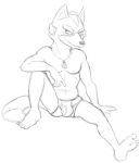  anthro armor barefoot black_and_white boxer_briefs bulge canid canine clothed clothing dog_tags fox fox_mccloud headgear helmet male mammal monochrome nintendo simple_background sitting sketch solo star_fox thegreatmatsutzu topless underwear video_games white_background 
