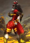  anthro armor black_body black_fur breasts brown_hair butt canid canine clothed clothing detailed_background female fluffy fluffy_tail fox fur gloves hair handwear hi_res lava link2004 mammal multicolored_body multicolored_fur panties partially_clothed red_body red_fur smile solo underwear white_body white_fur yellow_eyes 