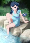  1girl bangs barefoot blue_dress blue_eyes blue_hair blunt_bangs closed_mouth collarbone day dress hair_bun highres hugtto!_precure legwear_removed long_hair outdoors precure river shiny shiny_hair shiny_skin shoes_removed short_dress sitting sleeveless sleeveless_dress smile soaking_feet solo stick308 yakushiji_saaya 