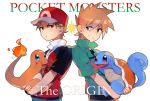  2boys :t bangs baseball_cap blue_oak brown_hair charmander copyright_name eyebrows_visible_through_hair fingernails gen_1_pokemon green_shirt hat holding holding_pokemon ikaru jacket looking_back male_focus multiple_boys pokemon pokemon_(creature) pokemon_origins red_(pokemon) red_eyes shirt short_sleeves smile squirtle symbol_commentary teeth v-shaped_eyebrows 