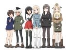  507th_joint_fighter_wing 6+girls anabuki_tomoko bangs black_eyes black_footwear black_hair black_headwear black_jacket black_legwear black_neckwear black_ribbon black_shirt blonde_hair blouse blue_blouse blue_eyes blue_jacket blue_sailor_collar blunt_bangs blush bob_cut book boots brown_eyes brown_footwear brown_hair brown_headwear brown_jacket closed_mouth commentary_request elizabeth_f_beurling elma_leivonen frown garrison_cap giuseppina_ciuinni glasses green_eyes green_jacket hair_ribbon hakama_skirt hand_on_hip hands_in_pockets hands_on_another&#039;s_shoulders hands_together hat holding holding_book hug hug_from_behind interlocked_fingers jacket japanese_clothes kaneko_(novram58) katharine_ohare light_smile long_hair long_sleeves looking_at_viewer medium_hair military military_hat military_uniform miniskirt multiple_girls neckerchief no_pants no_socks open_mouth pantyhose red_skirt ribbon round_eyewear sailor_collar sakomizu_haruka sandals shadow shirt shoes short_hair short_over_long_sleeves short_sleeves silver_hair simple_background skirt smile standing straight_hair sweatdrop tan tearing_up thighhighs uniform ursula_hartmann v_arms white_background white_footwear white_legwear white_shirt world_witches_series zipper 