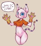  anthro arm_tuft blue_eyes bottomless butt_from_the_front camel_toe cheek_tuft clothed clothing comic dialogue digimon digimon_(species) domestic_cat elbow_tufts facial_tuft felid feline felis female fur gatomon genitals gloves handwear hi_res jewelry mammal open_mouth pink_body pink_fur pussy simple_background solo tail_jewelry tail_ring talking_to_viewer thick_thighs thigh_gap topwear topwear_only tsuraipossum tuft white_body 