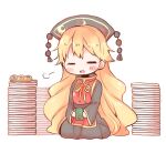  1girl =3 =_= bangs blonde_hair blush blush_stickers chinese_clothes comfy crescent dango dress food green_tea hair_between_eyes happy junko_(touhou) long_hair long_sleeves moon_(ornament) nakukoroni open_mouth plate pom_pom_(clothes) relaxed seiza simple_background sitting smile solo tabard tea textless touhou wagashi white_background wide_sleeves 