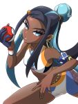  1girl belly_chain black_hair blue_eyes blue_hair breasts dark_skin earrings eyelashes eyeshadow gloves gym_leader holding holding_poke_ball hoop_earrings jewelry long_hair makeup medium_breasts multicolored_hair nessa_(pokemon) parted_lips partially_fingerless_gloves poke_ball poke_ball_(basic) pokemon pokemon_(game) pokemon_swsh purple_eyeshadow simple_background single_glove solo suzu-batsu swimsuit tankini two-tone_hair very_long_hair white_background wristband 