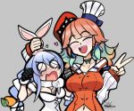  2girls annoyed braid breasts carrot chef_hat cleavage closed_eyes english_commentary food_themed_hair_ornament grey_background hair_ornament hat holding_ears hololive hololive_english joeydrawss large_breasts medium_breasts multiple_girls open_mouth smile takanashi_kiara twin_braids usada_pekora v virtual_youtuber white_eyes wide-eyed 