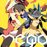  1boy black_hair blaziken blue_eyes blue_jacket bright_night calem_(pokemon) closed_mouth commentary_request gen_3_pokemon gen_4_pokemon grey_eyes holding holding_poke_ball jacket lucario mega_blaziken mega_lucario mega_pokemon poke_ball pokemon pokemon_(creature) pokemon_(game) pokemon_xy red_eyes sleeves_past_elbows smile yellow_background yellow_fur yellow_sclera 