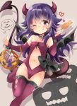  1girl akatsuki_(kantai_collection) alternate_costume bat_wings bridal_gauntlets candy chocolate chocolate_bar choker commentary_request demon_girl demon_horns demon_tail demon_wings food hair_between_eyes halloween_costume highres hizuki_yayoi horns jack-o&#039;-lantern kantai_collection leotard lollipop long_hair messy_hair navel pocky purple_eyes purple_hair purple_legwear purple_leotard solo sweets tail thighhighs trick_or_treat wings 