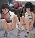  2girls bangs bar_censor black_eyes black_hair blush bra brown_eyes brown_hair censored fingering gym_storeroom highres looking_at_another masturbation mat multiple_girls open_mouth original panties panties_around_one_leg panty_pull rensyu shoes short_hair short_twintails sitting skirt skirt_lift socks training_bra twintails underwear uwabaki vaulting_horse volleyball 