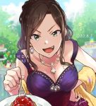  1girl :d breasts brown_hair character_name cleavage collarbone commentary_request dated day dress earrings fang food fork green_eyes hand_on_hip happy_birthday holding holding_fork idolmaster idolmaster_cinderella_girls jewelry large_breasts long_hair looking_at_viewer mukai_takumi necklace open_mouth outdoors sako_misaki shawl signature sleeveless sleeveless_dress smile solo yellow_shawl 