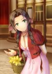 1girl aerith_gainsborough arm_behind_back basket belt blurry blush bow breasts brown_hair building buttons collarbone crop_top depth_of_field dress final_fantasy final_fantasy_vii flower green_eyes hair_bow hair_intakes hair_over_shoulder hand_up head_tilt highres holding holding_basket jacket lanyard leaning_forward light_smile long_hair looking_at_viewer open_clothes open_jacket orishin outdoors parted_hair pink_dress red_jacket road sett short_sleeves small_breasts solo standing street tulip wristband 