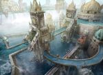  aqueduct arch architecture boat building day dome fantasy from_above highres magic:_the_gathering outdoors pier rooftop sailboat scenery sigil statue tower water watercraft waterfall yeong-hao_han 