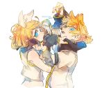  1boy 1girl 8&#039;108 adjusting_collar arm_warmers bangs black_collar blonde_hair bloom blue_eyes bow collar crop_top dated from_behind hair_bow hair_ornament hairclip hands_up kagamine_len kagamine_rin looking_at_viewer nail_polish necktie open_mouth sailor_collar school_uniform shirt short_hair short_ponytail short_sleeves spiked_hair swept_bangs upper_body vocaloid white_background white_bow white_shirt yellow_nails yellow_neckwear 