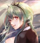  1girl artist_request azur_lane breasts cleavage eyebrows_visible_through_hair green_hair highres large_breasts littorio_(azur_lane) looking_back portrait red_eyes solo 