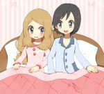  1boy 1girl ako_(ako0905) bed black_hair blush buttons calem_(pokemon) collarbone commentary_request eyebrows_visible_through_hair eyelashes eyes_visible_through_hair holding indoors light_brown_hair long_hair long_sleeves looking_at_another open_mouth pajamas pillow pokemon pokemon_(game) pokemon_xy serena_(pokemon) smile teeth tongue under_covers 