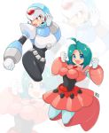  2girls :d ahoge android blue_hair blush breasts capcom civilian_(rockman_x6) clenched_hand cropped_legs dated female_hunter_(rockman_x5) full_body green_hair helmet jumping large_breasts medium_hair multiple_girls open_mouth red_eyes rockman rockman_x short_hair simple_background smile tobitori zoom_layer 
