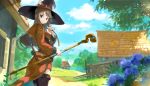  1girl black_eyes blurry blurry_background boots brown_hair cart commentary day depth_of_field fantasy flower grass hat holding hood hood_down long_hair looking_at_viewer looking_back original outdoors pouch robe scenery sky solo staff thigh_boots thighhighs tree witch witch_hat yoshitake zettai_ryouiki 