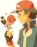  1boy ash_ketchum baseball_cap bird black_gloves black_hair black_shirt blue_jacket brown_eyes commentary_request cyaneko fingerless_gloves fletchling gen_6_pokemon gloves hat heart jacket male_focus pokemon pokemon_(anime) pokemon_(creature) pokemon_xy_(anime) red_headwear shirt short_sleeves white_background 