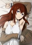  1girl arm_up armpits bangs bed_sheet blue_eyes brown_coat coat eyebrows_visible_through_hair from_above hair_between_eyes highres long_hair long_sleeves looking_at_viewer makise_kurisu ny0r0ny0r0 open_clothes open_coat parted_lips red_hair sg shiny shiny_hair shirt sleeveless sleeveless_shirt sleeves_past_wrists solo steins;gate straight_hair upper_body white_shirt 