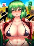  !? 1girl abs areola_slip areolae bare_shoulders bikini black_bikini black_swimsuit blurry blurry_background blush breasts collarbone curvy day eyebrows_visible_through_hair field flower flower_field furrowed_eyebrows green_hair hair_between_eyes half-closed_eyes halterneck hands_up highres huge_breasts kazami_yuuka looking_to_the_side medium_hair micro_bikini navel nose_blush open_clothes open_vest outdoors peso_(cheese_company) plaid plaid_vest red_eyes red_vest solo stomach strap_gap sunflower sweat swimsuit toned touhou translation_request upper_body vest 